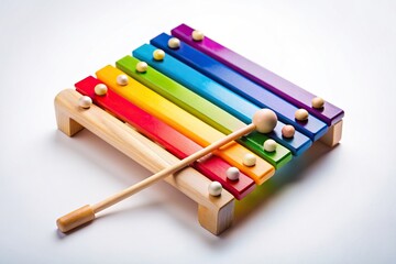 Fototapeta premium xylophone, vibrant, childhood, colorful, play, colorful, wooden toy, wooden, child, fun, toy, rainbow colors, Rainbow colored wooden toy xylophone texture against white background