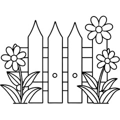 Fototapeta premium fence and flowers outline coloring book page line art drawing