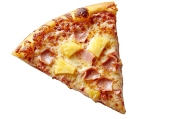 Top view of a hawaiian pizza slice on white background,png