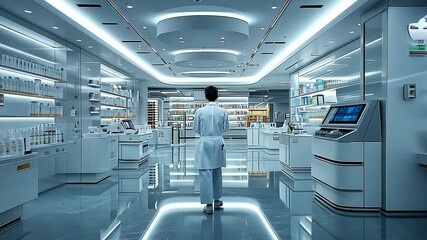 A pharmacist walks through a futuristic pharmacy, showcasing its modern design and advanced technology.