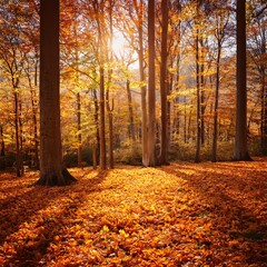 Fototapeta premium Golden Autumn Leaves Creating a Carpet of Color in a Tranquil Forest
