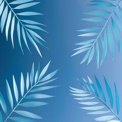Top view of blue minimalistic paper cut palm leaves on blue background with copy space, panoramic shot