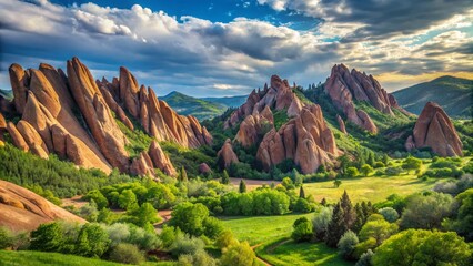 Majestic sandstone formations tower above rolling hills and scrub oak forests in this serene and tranquil landscape of Roxborough State Park, Colorado.