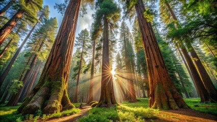 Majestic towering sequoias stand tall amidst a lush green forest floor in a serene and tranquil atmosphere, with filtered sunlight peeking through the canopy above.