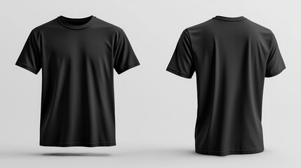 Black blank t-shirt mock-up showing front and back views, perfect for displaying clothing designs or branding.