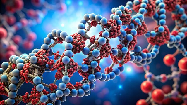 Microscopic illustration of myoglobin molecule, a protein in muscle cells, composed of helical structures, globular domains, and iron-containing heme groups, in a 3D rendering.