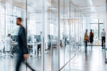 Fototapeta premium Blurred image of business people in a modern office with white glass walls.