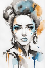 Artistic Watercolor and Ink Portrait of a Stylish Young Woman with Hair Up, Featuring Expressive Color Strokes on White Background