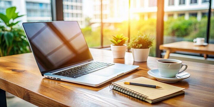 Modern laptop computer sits on wooden desk beside notepad and pen, surrounded by cup of coffee and scattered