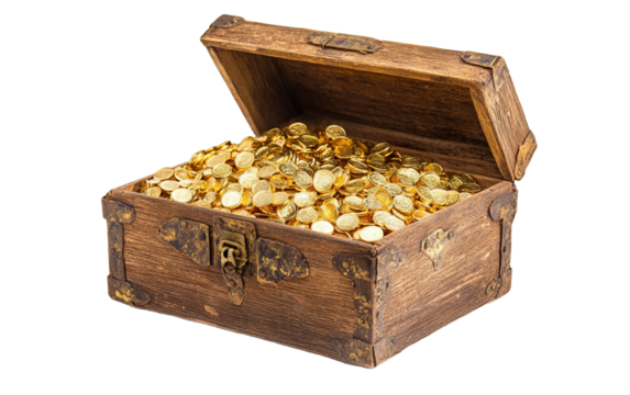 Treasure box filled with gold on white background,png