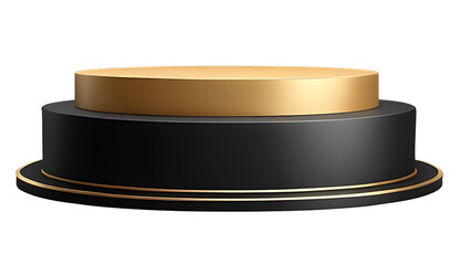 Empty black and gold podium isolated on transparent background,  showcase stand for product advertisement