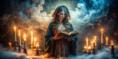 Fototapeta premium Mystical sorceress surrounded by swirling mist, candles, and ancient tomes, casts a magical spell with wand, emitting a