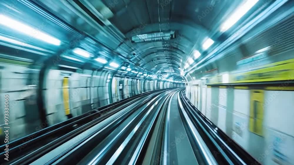 Poster pov of a subway train as it moves swiftly through a dark tunnel, with the tracks curving ahead and b