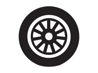 Obraz premium Black tire with alloy wheel isolated on a white background. Concept of car part, automotive component, alloy wheel design, transportation detail, silhouette