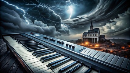 Ominous synthesizer keys echo through a dark and stormy night, setting the tone for a haunting and suspenseful horror theme song perfect for spooky season.