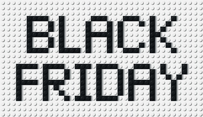 Black Friday sign made of black plastic brick toy blocks on white construction plate background. Building bricks font. Vector illustration. Friday with a big sale