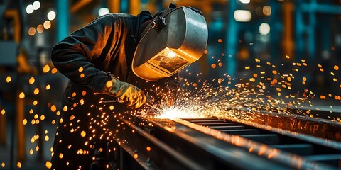 A masked professional is seen welding metal sections, with a torch producing bright arcs and sparks