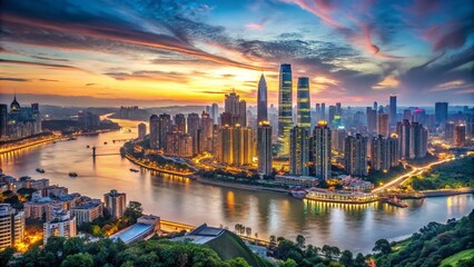Naklejka premium Panoramic view of Chongqing's vibrant skyline at dusk, featuring sleek skyscrapers, bustling streets, and majestic riverbanks along the Yangtze River in southwestern China.