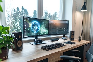 Naklejka premium A remote work setup with a contemporary desk, high-resolution screens, and innovative office gadgets.