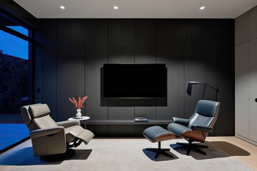Minimalist Living Room Design with Charcoal Walls TV on Sleek Side Table and Recliner at Night