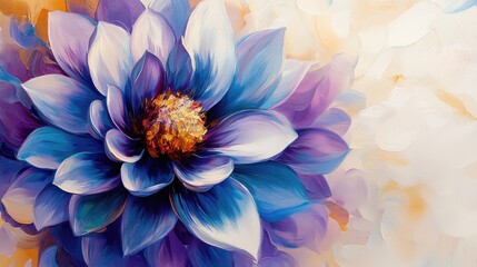 Obraz premium Vibrant and Colorful Dahlia Bloom with Purple, Blue, and White Petals on a Creamy White Background with Loose, Expressive Brushstrokes, Perfect for Artistic and Floral Designs