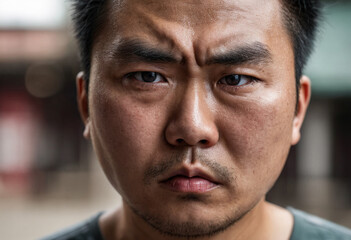Obraz premium aggressive asian adult man, angry and annoyed, rage and hate facial expression, close up face portrait
