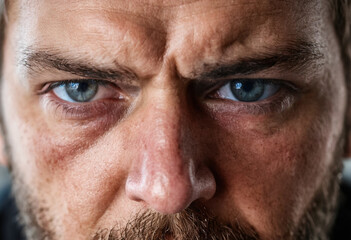 Fototapeta premium aggressive caucasian adult man, angry and annoyed, rage and hate facial expression, close up face portrait