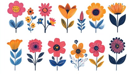  Retro Groovy Florals with Cartoon Faces in Psychedelic Hippie 60s Style, Bright and Simple Floral Decor Elements for Modern Design