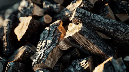 Cinematic close-up of a pile of chopped firewood, with detailed textures of the logs and bark, sunlight casting soft shadows and highlights, ultra-realistic, rustic and natural focus