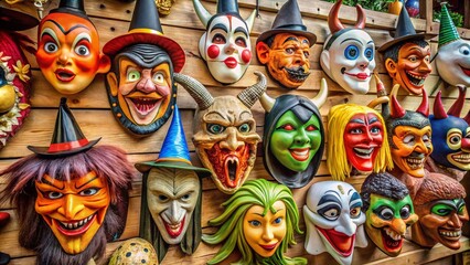 Obraz premium Retro colorful Halloween masks for kids, featuring cartoonish characters, witches, devils, and animals, displayed on a table or hung on a wall, evoking nostalgic charm.