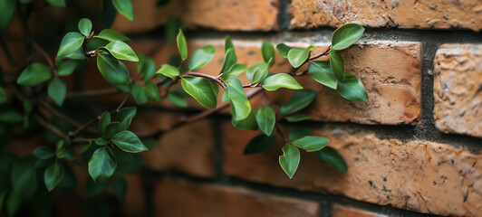 Obraz premium Green leaves growing on the side of a brick wall with a blurred background