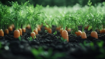 Freshly grown carrots with green tops in soil.