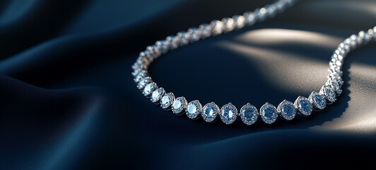 Luxury diamond necklace on a dark blue velvet background