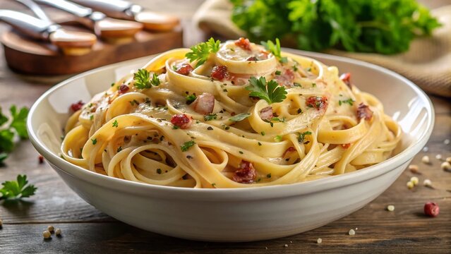 Rich, creamy, golden-brown pate carbonara pasta dish garnished with freshly ground black pepper and chopped parsley, served in a delicate, white ceramic bowl.