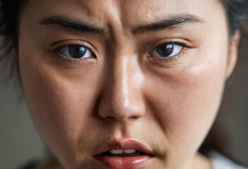 Obraz premium aggressive asian adult woman, angry and annoyed, rage and hate facial expression, close up face portrait