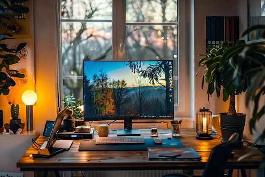 A remote work setup with a contemporary desk, dual monitors, and smart office gadgets, complemented by soft, ambient lighting 