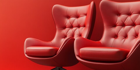 Obraz premium Close-up of Two Modern Leather Red Armchairs Against Red Background