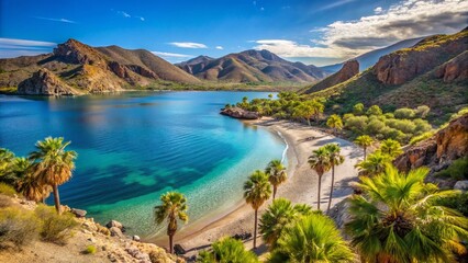 Sandy beach meets turquoise Sea of Cortez waters at scenic Mulege Bay, surrounded by rugged desert landscape and