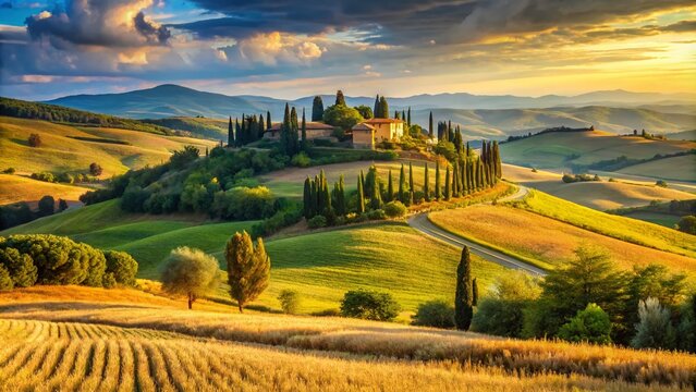 Scenic rolling hills of Tuscany's countryside, with ancient cypress trees, golden wheat fields, and medieval hilltop towns, in the picturesque Province of Siena, Italy.