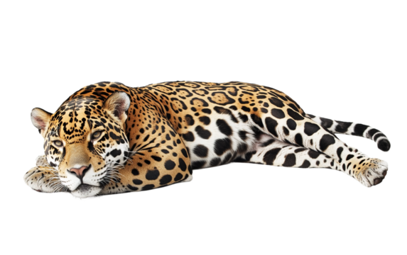 Wild lying jaguar on white background,png