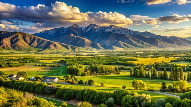 Scenic view of the peaceful Cache Valley countryside surrounding Logan, Utah, with lush green rolling hills and majestic mountains in the distant background.
