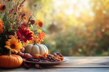 Bright background with beautiful thanksgiving decorating. Pumpkins with fruits, flowers, vegetables and leaves. AI generated
