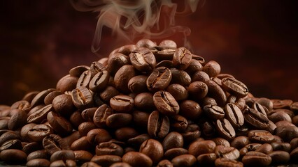 Obraz premium Close up view of heap of aromatic roasted coffee beans