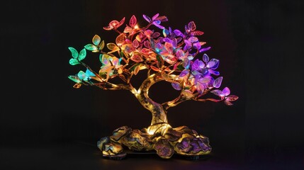 Illuminated Bonsai Tree with Colorful Leaves