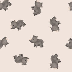 Seamless pattern with cartoon animal for kids design . Hand drawn illustration of rhinoceros on isolated background. Minimalist scandinavian style. Cute Africa and Asia animal