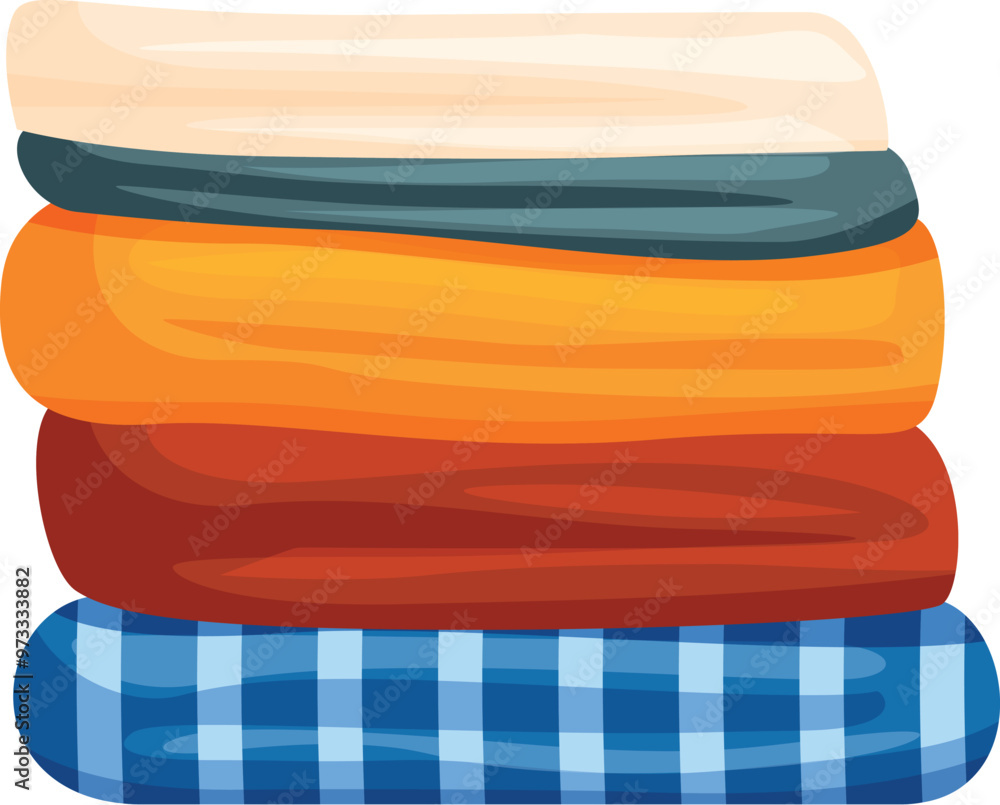 Poster stack of warm folded plaids of different colors and patterns is lying on a white background