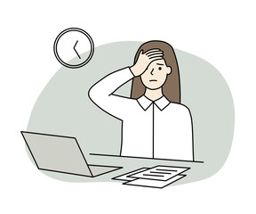 Depressed businesswoman working late at night in office, feeling tired and sleepy. Business, overwork, burnout, mental health concept. Hand drawn character vector design isolated illustration.