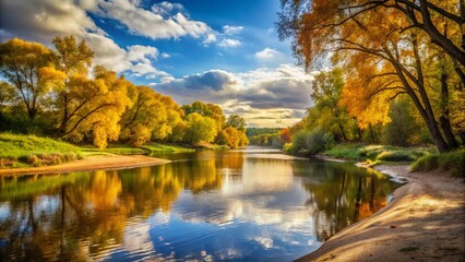 Serene riverside scene with a tranquil river flowing gently past lush greenery, sandy banks, and autumn trees under a warm, sunny afternoon sky.