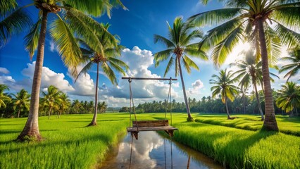Obraz premium Serene tropical getaway scene featuring a solitary wooden swing suspended high above lush green rice fields and palm