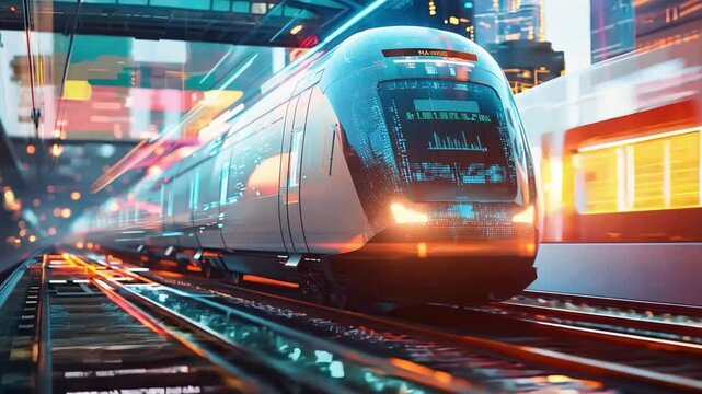 A sleek high speed train approaches a bustling urban station, surrounded by vibrant city lights and digital displays at dusk